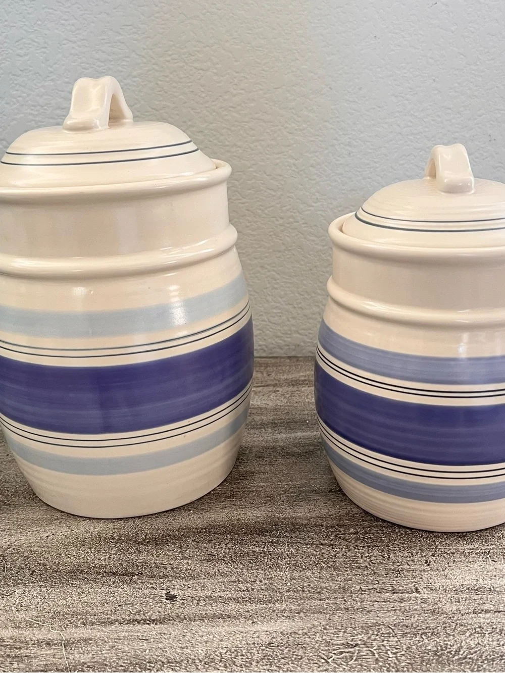 Pfaltzgraff Ceramic Stripe Canister Set of 2 Blue White with Lids 10.5